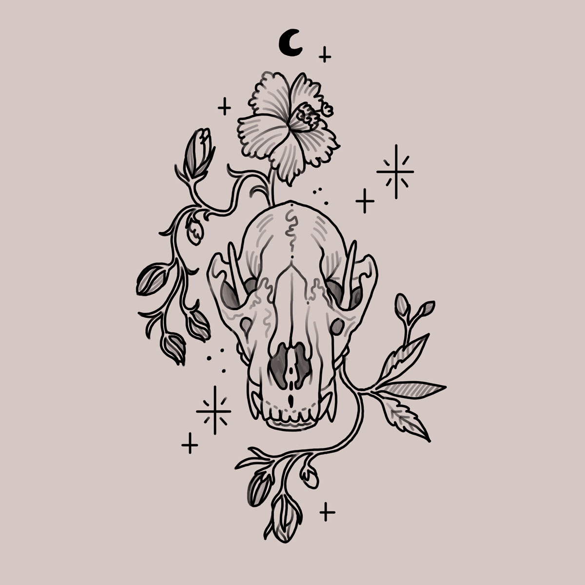 Wolf Skull + Flowers